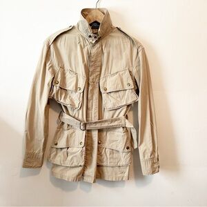Vintage Polo Ralph Lauren Safari Khaki Field Jacket Pockets Zipper Belted - Sz M